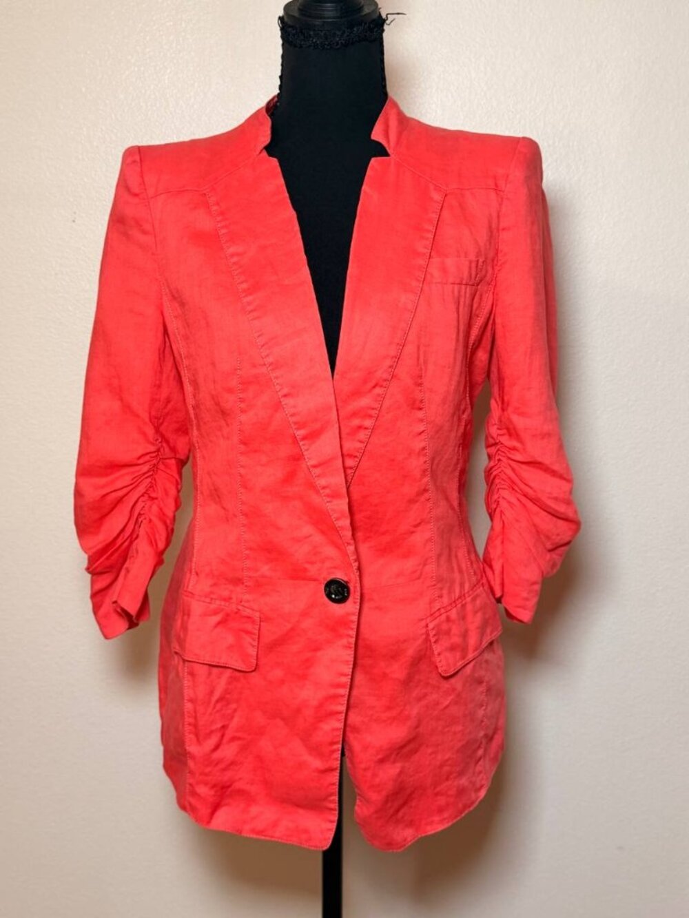 Dainty Coral Red Tailored Blazer Ruched 3/4 Sleeve Longline Fitted Jacket